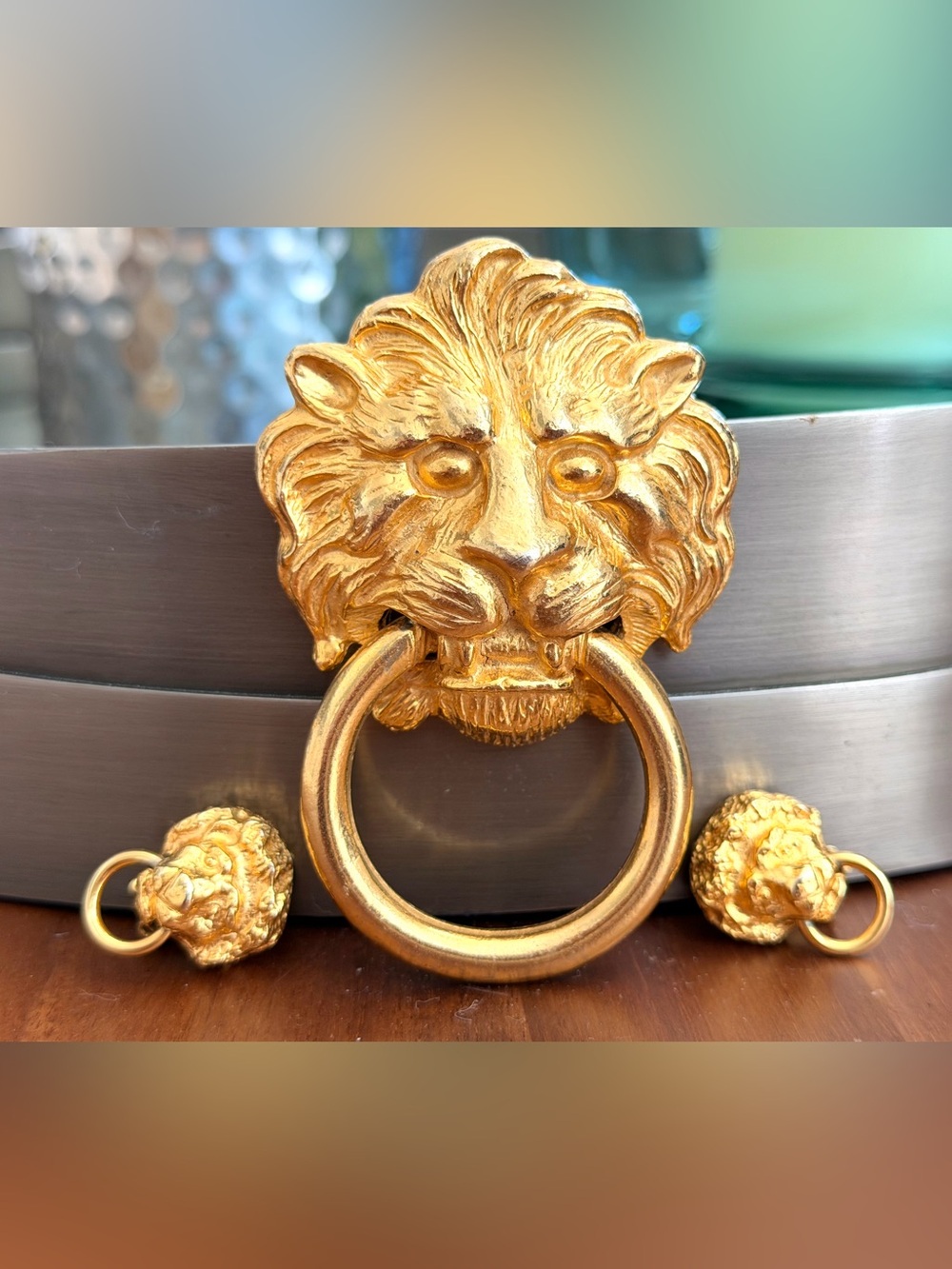 Vintage Kenneth Lane Lion Brooch & Clip On Earrings Set KJL Gold Tone